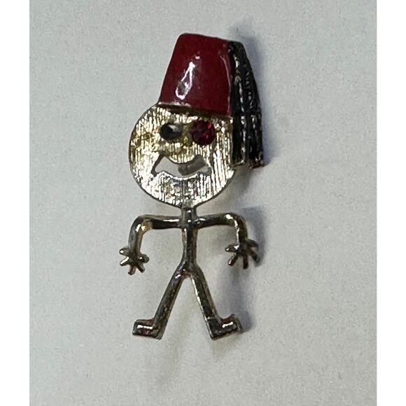 Unmarked Jewelry - Vintage Shriner Smiley Face Stick Figure Pin Red Eye and Enameled Hat INCOMPLETE